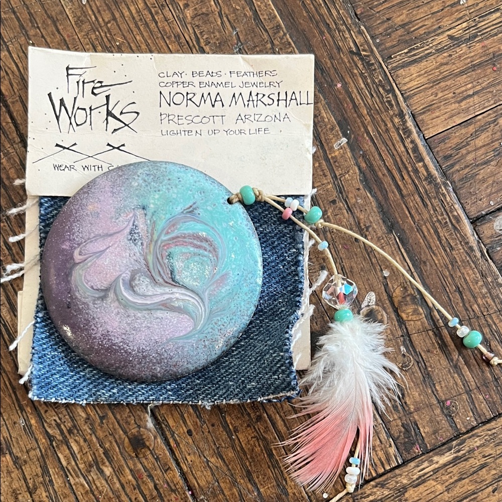 NORMA Marshall Swirl Clay Pendant with Beads ON COPPER, feather and beads, new